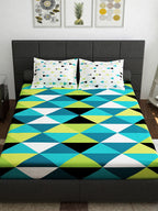 Story@home Ventura Teal & Black Geometric 152 TC Cotton Queen Bedsheet & 2 Pillow Covers | Grocsy