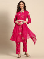 Sangria Floral Printed Regular Kurta With Trousers & Dupatta | Grocsy