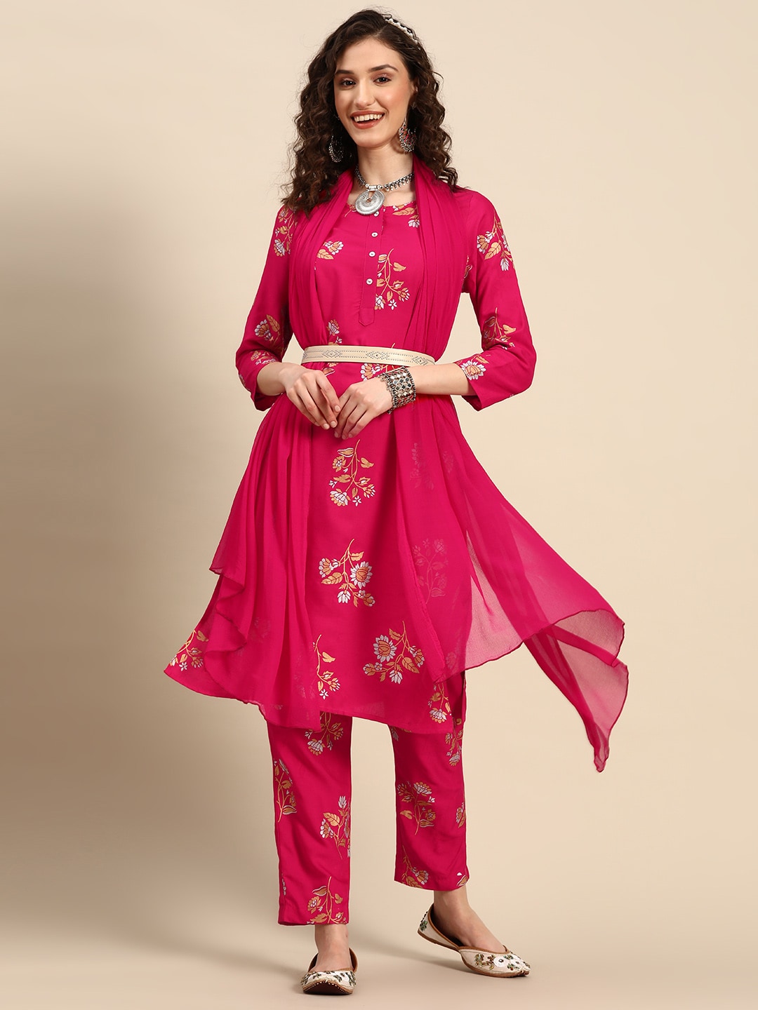Sangria Floral Printed Regular Kurta With Trousers & Dupatta | Grocsy