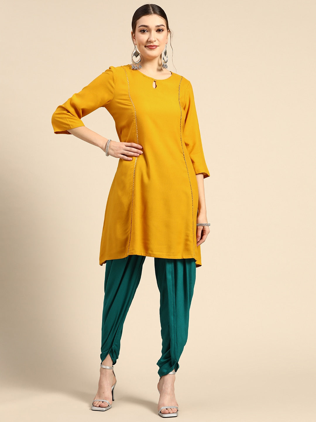 Sangria Women Mustard Yellow & Green Kurta with Dhoti Pants | Grocsy