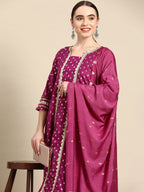 Sangria Ethnic Motifs Printed Gotta Patti Pure Cotton Kurta with Trousers & Dupatta | Grocsy