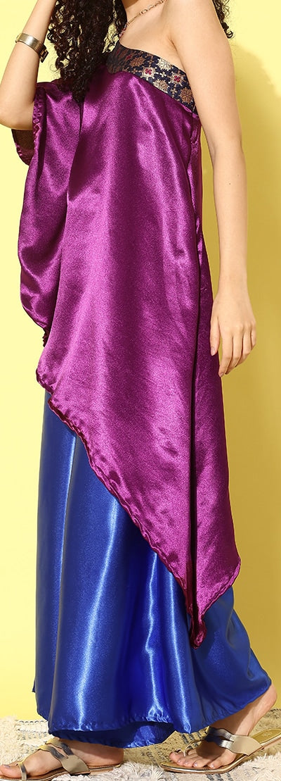 InWeave Women's Wine Navy Brocade Satin Oneshoulder Blue Palazzo Set | Grocsy