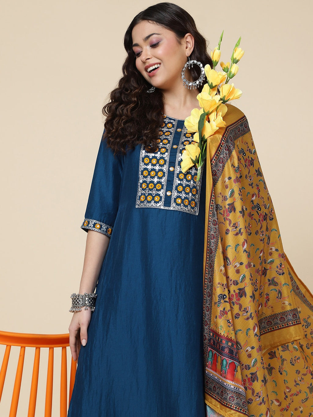 HERE&NOW Ethnic Motifs Embroidered Mirror Work Jute Silk Kurta with Trousers & Dupatta | Grocsy