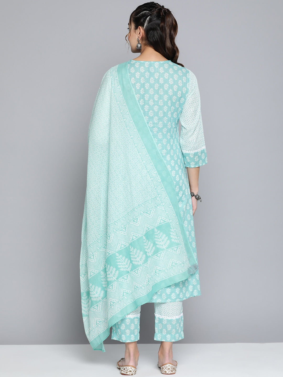 HERE&NOW Women Turquoise Blue Floral Printed Pure Cotton Kurta with Palazzos & With Dupatta | Grocsy
