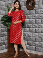 HERE&NOW Women Red Ethnic Motifs Printed Mirror Work Kurta | Grocsy