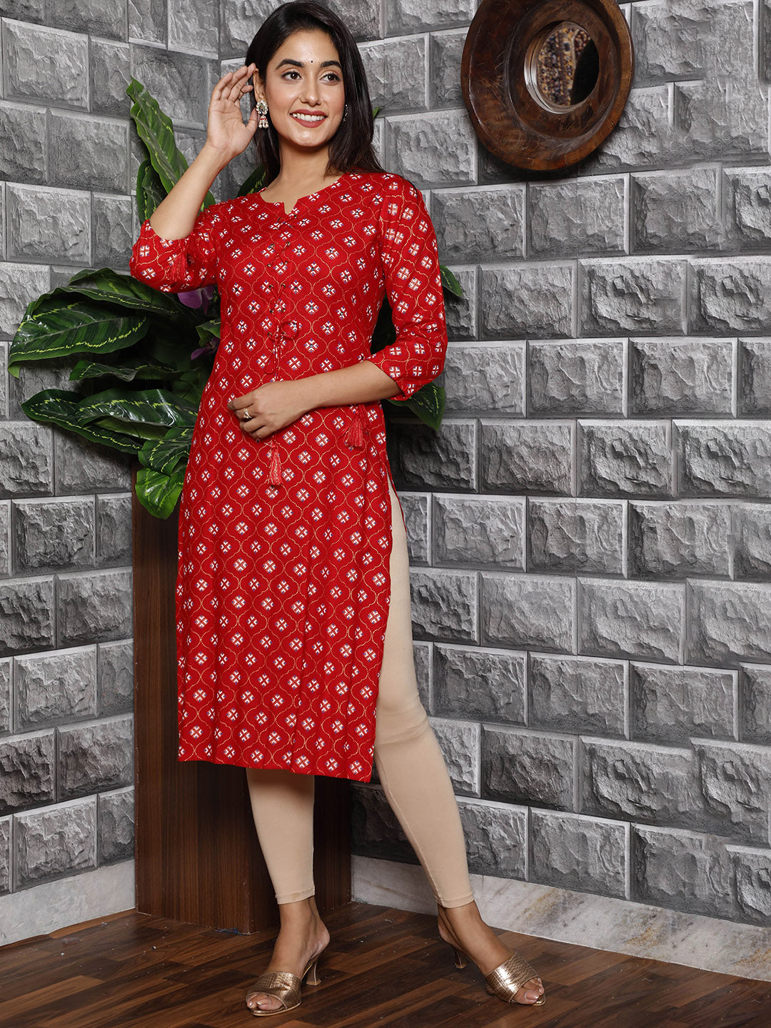 HERE&NOW Women Red Ethnic Motifs Printed Mirror Work Kurta | Grocsy