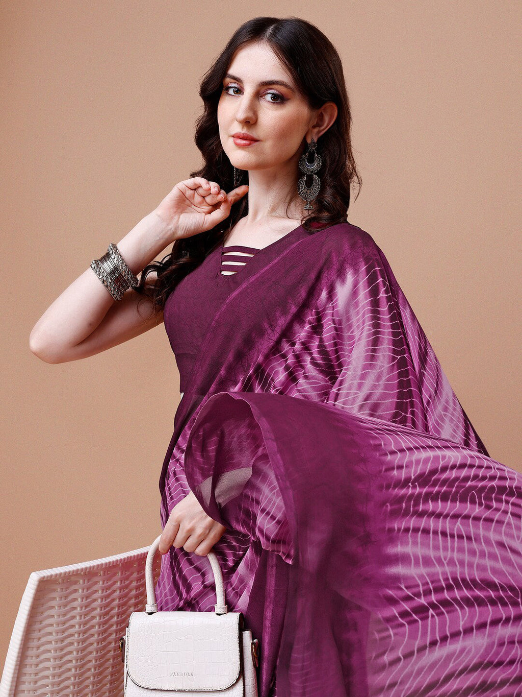 Sangria Purple Abstract Printed Saree | Grocsy