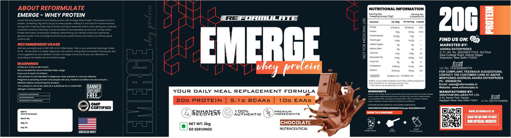 Reformulate Emerge I Whey Protein I Your Daily Meal Replacement Formula I 20 G I Protein I 5.1 G Bcaa's I 10 G Eaa's - Chocolate | Grocsy