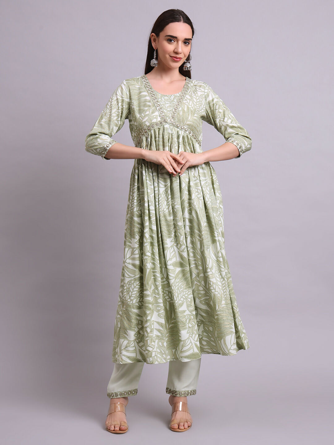 Joban Fashion Green Cotton Floral Printed & Embroidery Work Anarkali Kurta With Trousers & Dupatta Set | Grocsy