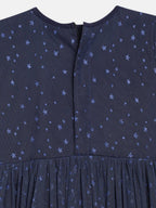 Ahalyaa Navy Blue Net Foil Print Kids Dress For Girls | Grocsy