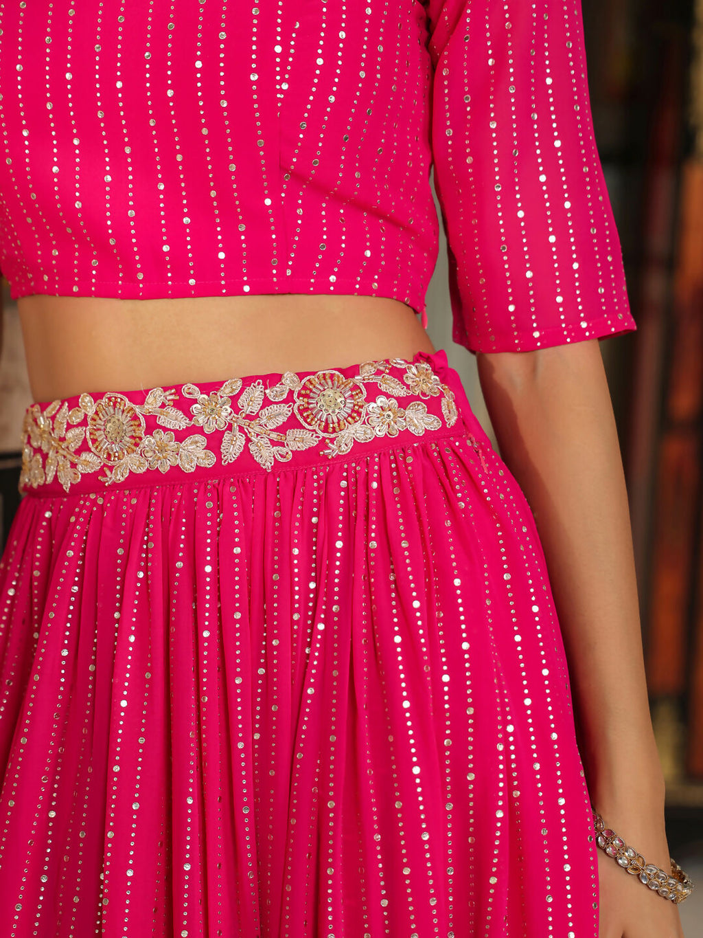Janasya Pink Georgette Foil Print Lehenga Choli Dupatta | Grocsy