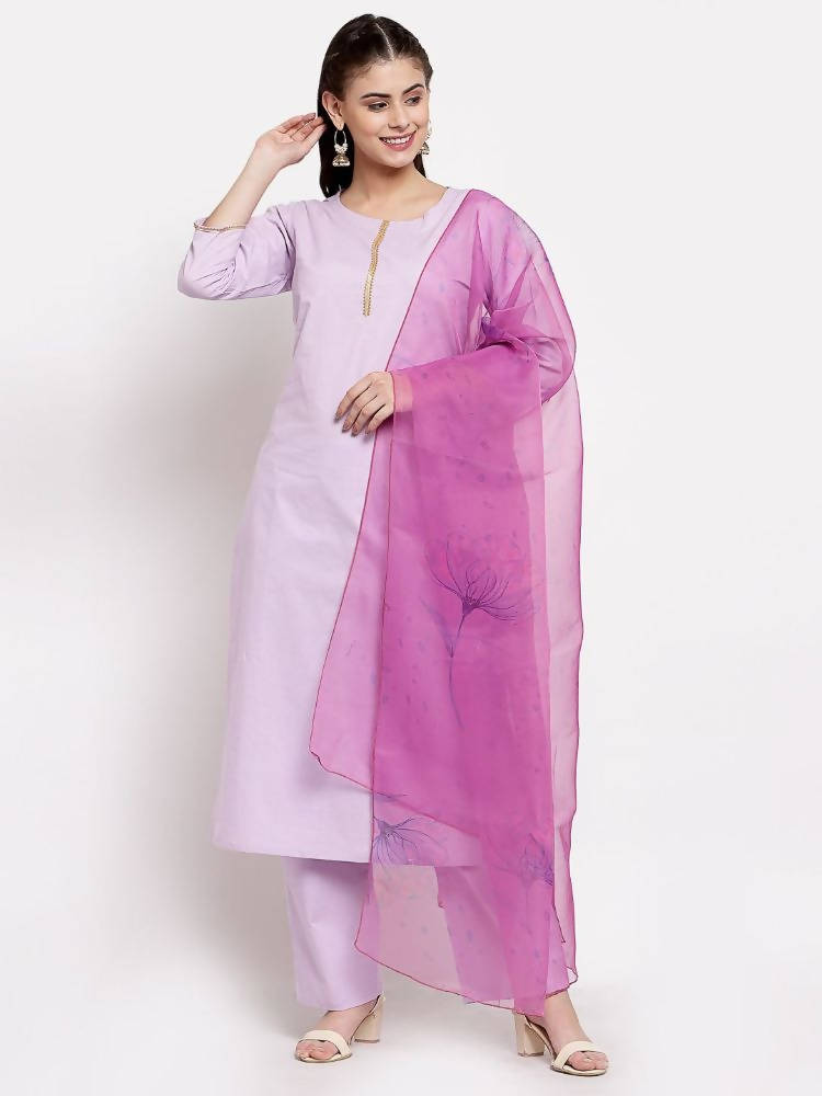 Myshka Women's Light Purple Cotton Solid 3/4 Sleeve Round Neck Casual Kurta Pant Dupatta Set | Grocsy