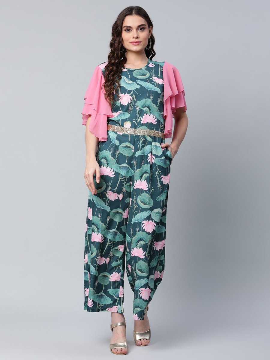 Ahalyaa Women's Dark Green Crepe Printed Jumpsuit | Grocsy