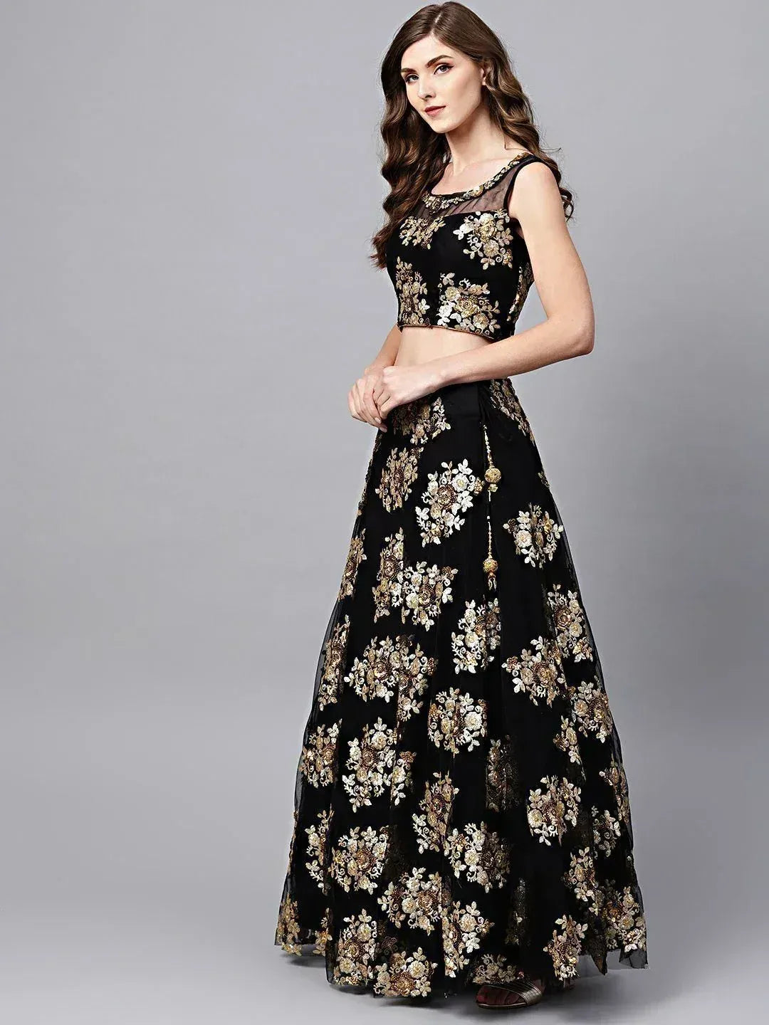 Tulsi Art Black Floral Golden Sequins Work Net Fabric Party Wear Lehenga Choli | Grocsy