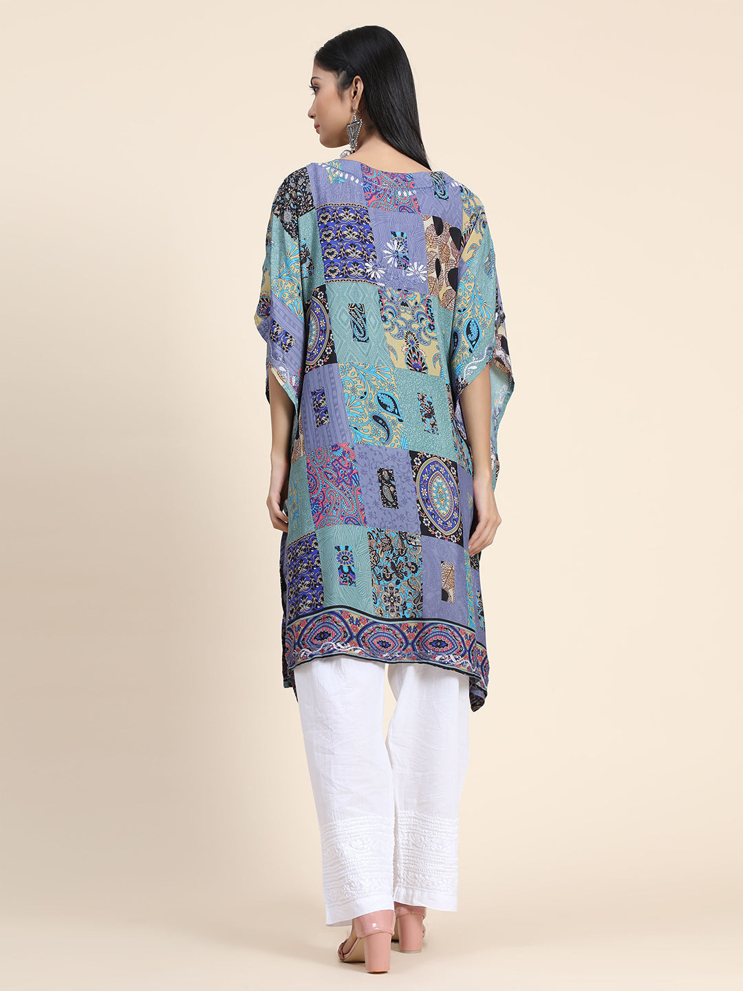 HOUSE OF KARI Ethnic Motifs Printed Notched Neck Chikankari Embroidery Cotton Kaftan Kurta | Grocsy
