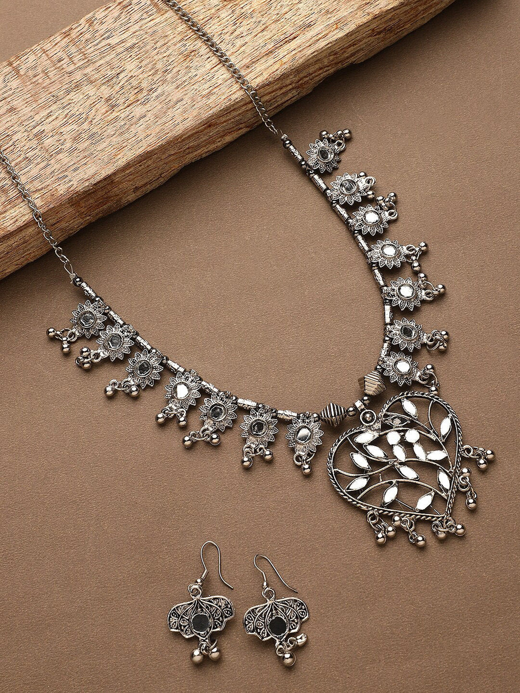 Cardinal Women Silver-Toned Oxidised Stone Studded & Beaded Heart Shaped Jewellery Set | Grocsy
