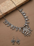 Cardinal Women Silver-Toned Oxidised Stone Studded & Beaded Heart Shaped Jewellery Set | Grocsy