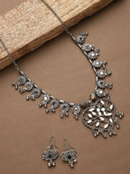 Cardinal Women Silver-Toned Oxidised Stone Studded & Beaded Heart Shaped Jewellery Set | Grocsy