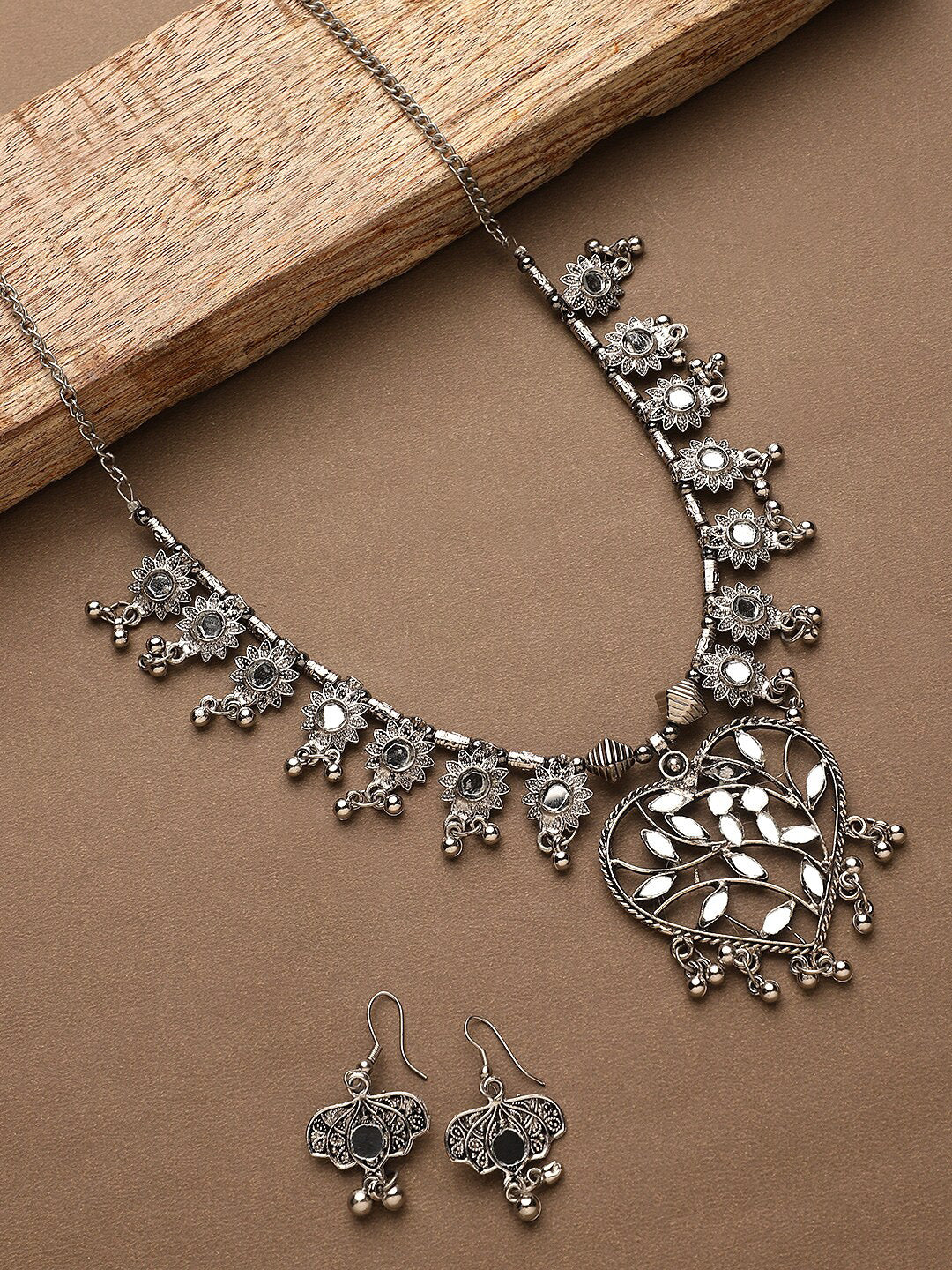 Cardinal Women Silver-Toned Oxidised Stone Studded & Beaded Heart Shaped Jewellery Set | Grocsy