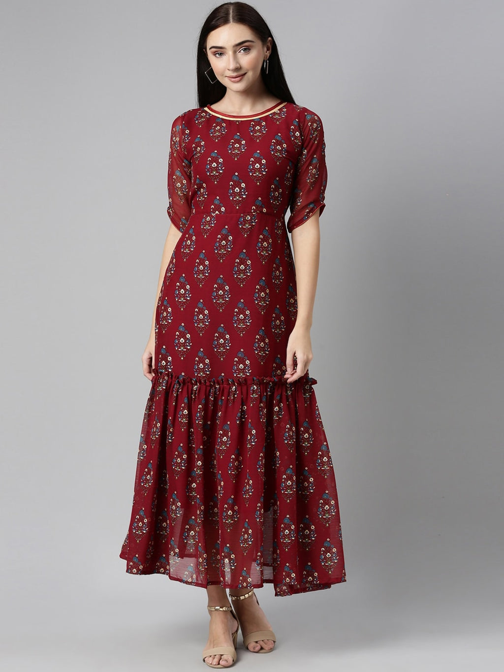 Souchii Maroon & Blue Ethnic Motifs Chiffon Maxi Dress | Grocsy