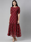 Souchii Maroon & Blue Ethnic Motifs Chiffon Maxi Dress | Grocsy