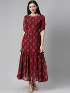 Souchii Maroon & Blue Ethnic Motifs Chiffon Maxi Dress | Grocsy
