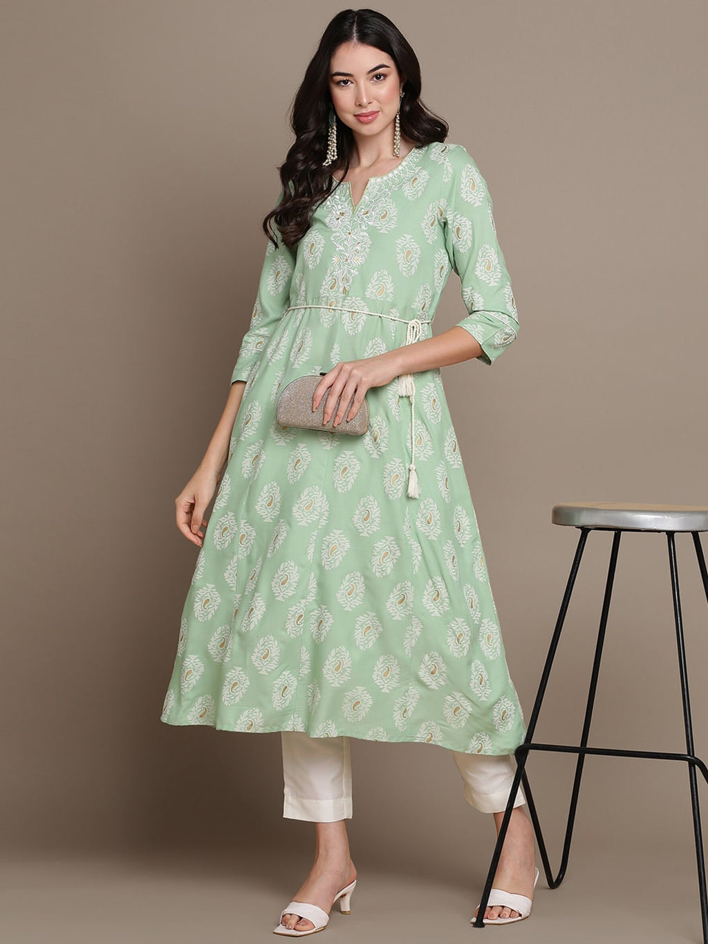 HERE&NOW Embroidered Ethnic Motif Printed Notched Neck A-Line Kurta | Grocsy