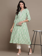 HERE&NOW Embroidered Ethnic Motif Printed Notched Neck A-Line Kurta | Grocsy