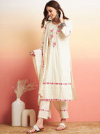 Sangria Pure Cotton Floral Embroidered Straight Kurta With Trousers & Dupatta | Grocsy