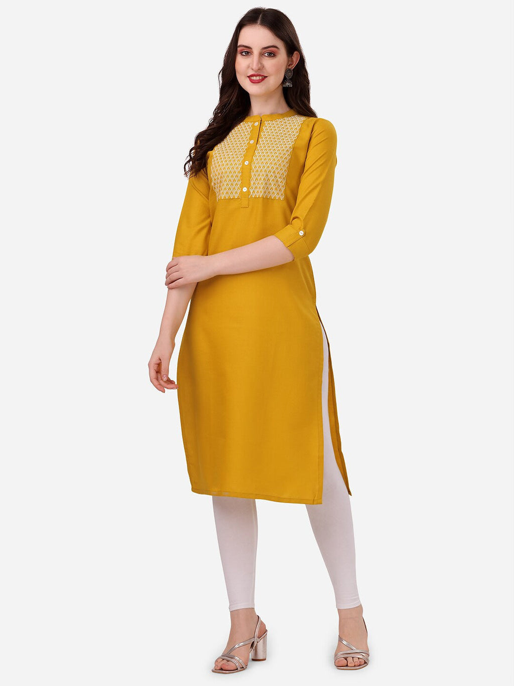 HERE&NOW Yoke Design Mandarin Collar Thread Work Cotton Kurta | Grocsy