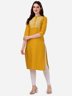 HERE&NOW Yoke Design Mandarin Collar Thread Work Cotton Kurta | Grocsy