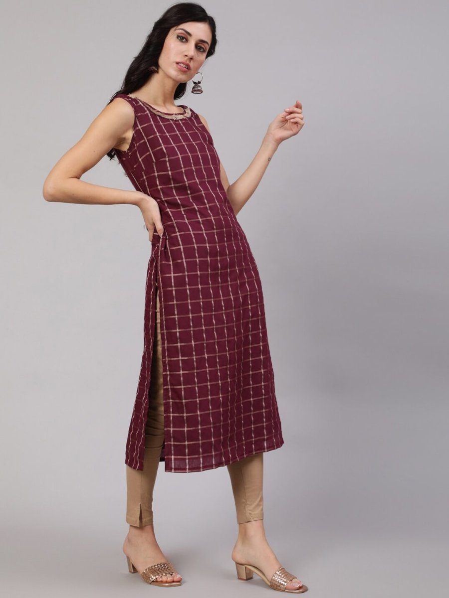 Aks Checked Chanderi Silk Straight Kurta | Grocsy