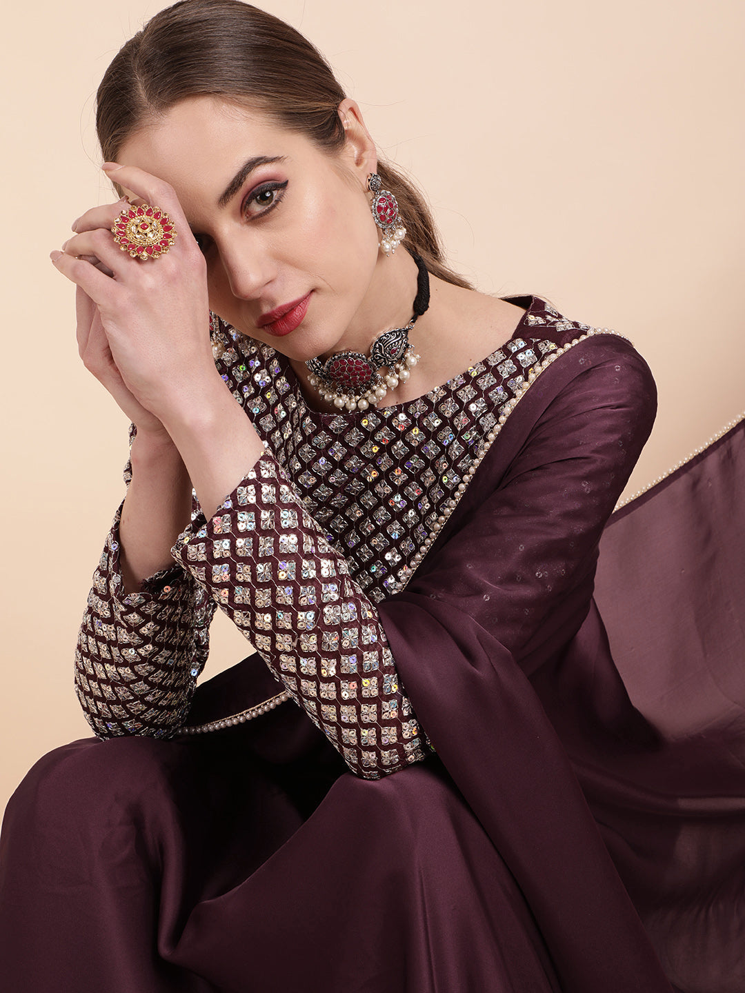 Sangria Burgundy Sequinned Satin Saree | Grocsy
