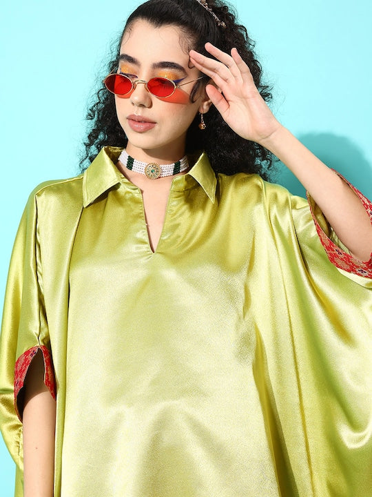 InWeave Women's Olive Red Brocade Satin Boho Kurta Red Palazzo Set | Grocsy
