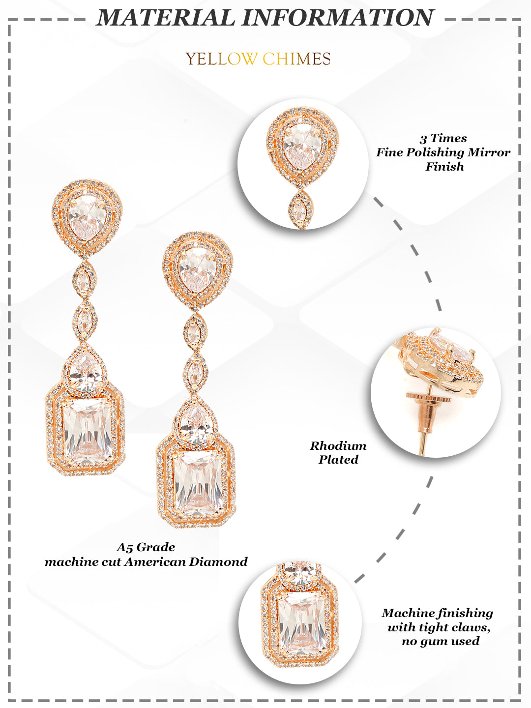 Yellow Chimes Rhodium-Plated Rose-Gold White AD-Studded Drop Earrings | Grocsy