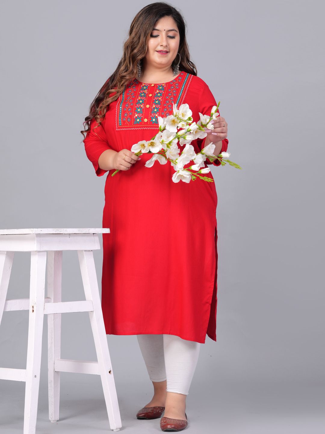 Sztori Plus Size Embroidered Yoke Design Round Neck Three-Quarter Sleeves Straight Kurta | Grocsy