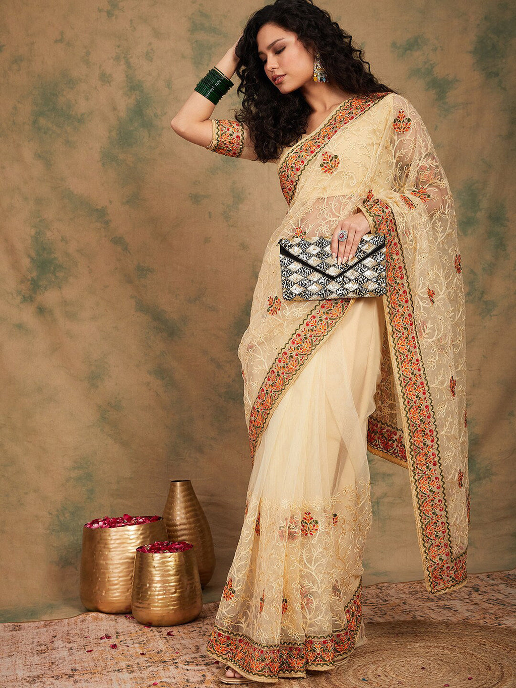 Sangria Yellow Beige Embroidered Net Sarees | Grocsy