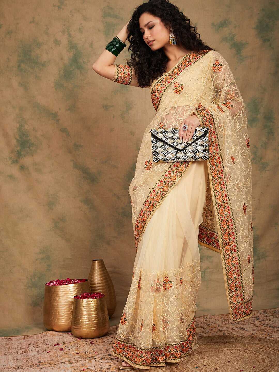 Sangria Yellow Beige Embroidered Net Sarees | Grocsy