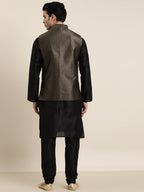Sojanya Men Black Solid Kurta with Churidar & Nehru Jacket | Grocsy