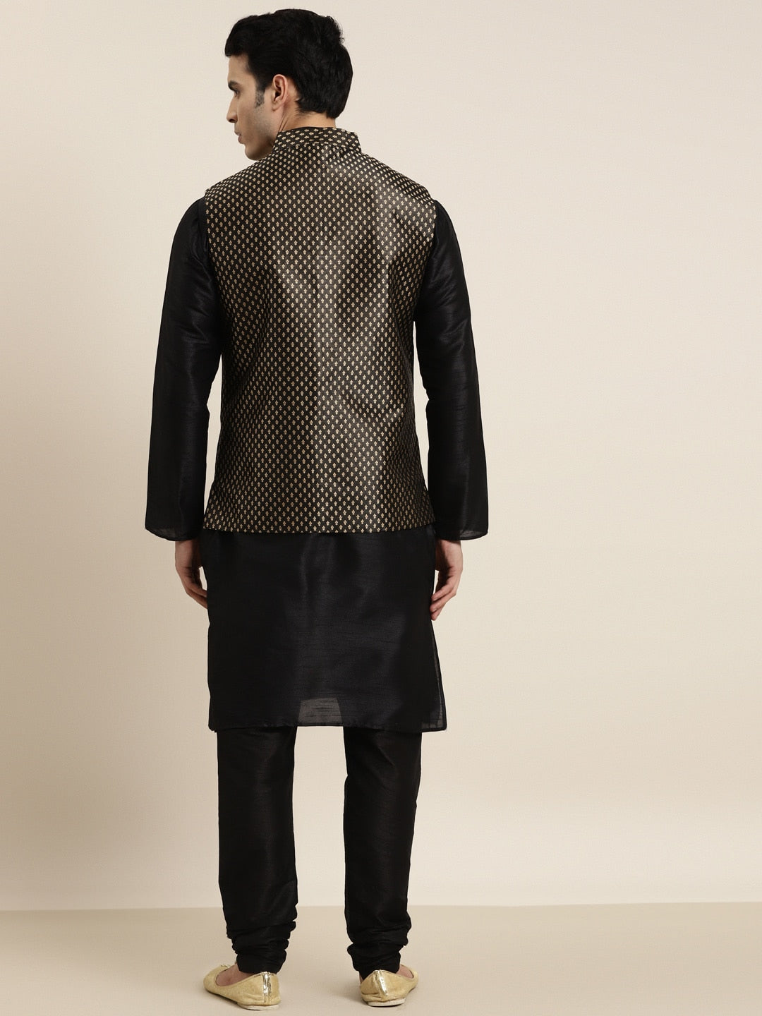 Sojanya Men Black Solid Kurta with Churidar & Nehru Jacket | Grocsy