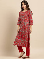 All About You Women Red Floral Printed Pure Cotton Kurta with Trousers | Grocsy