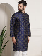 Sojanya Men Navy Blue & Golden Ethnic Motifs Printed Indigo Kurta | Grocsy
