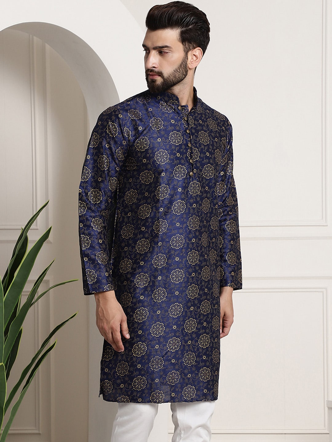 Sojanya Men Navy Blue & Golden Ethnic Motifs Printed Indigo Kurta | Grocsy