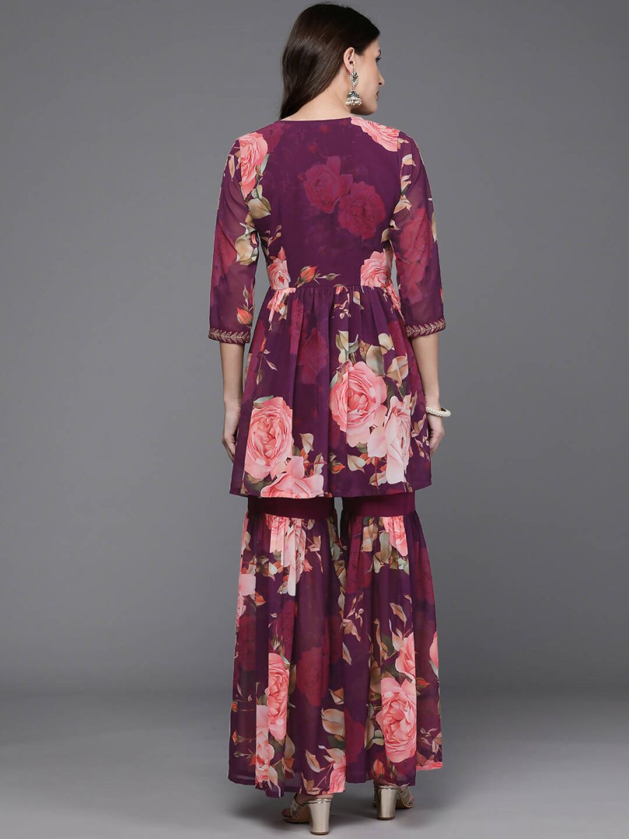 Ahalyaa Women Floral Printed Tunic with Sharara - Black Color | Grocsy