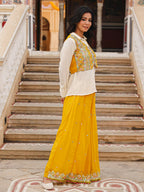 Juniper Women's Mustard Thread Embroidered Georgette Shirt Jacket & Palazzo Set With Mirror Work & Sequins | Grocsy