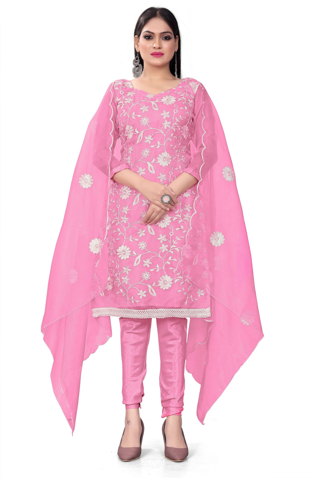Pink Organza Silk Embroidered Work Unstitched Dress Material - Tanvi | Grocsy
