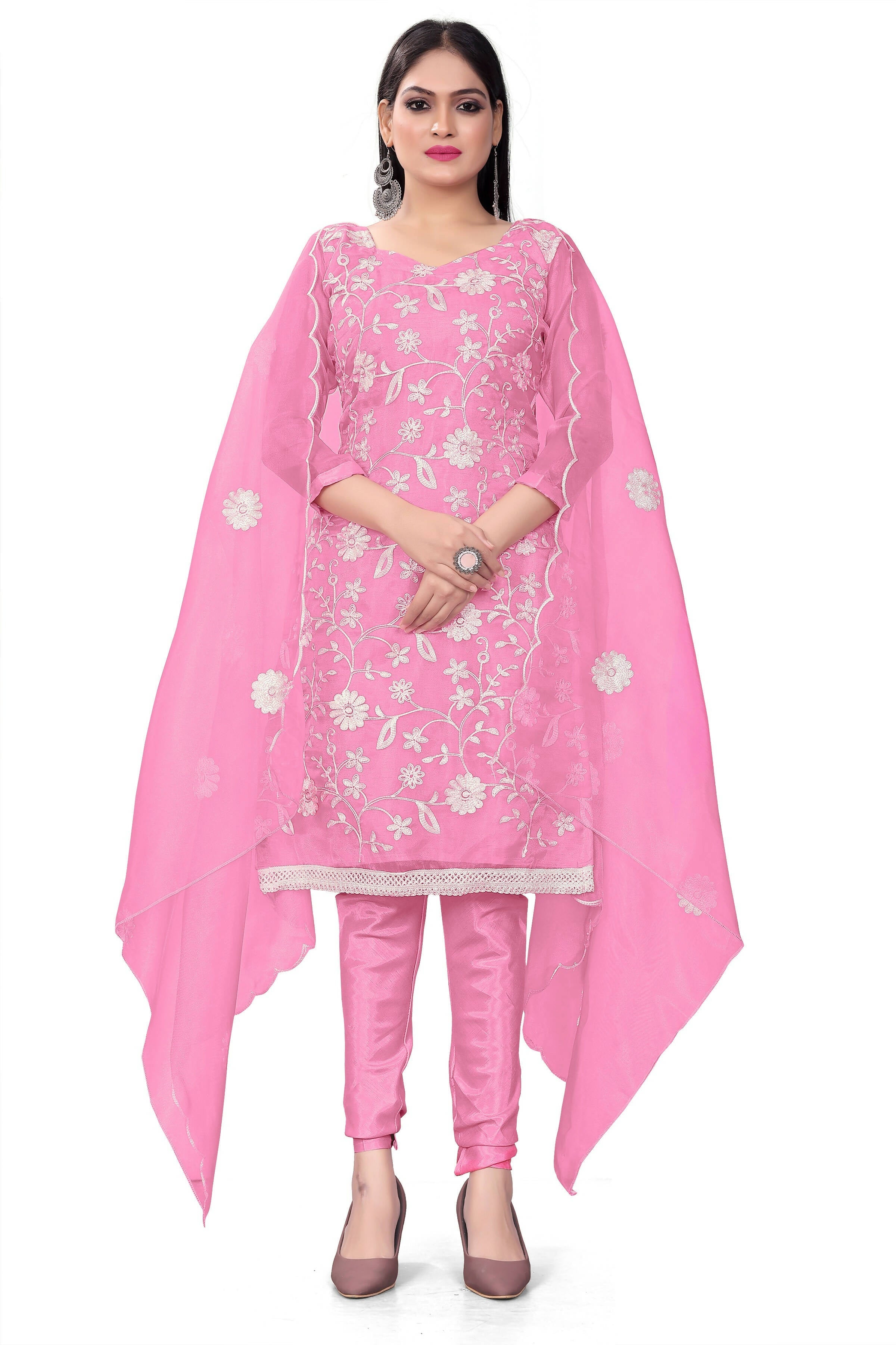 Pink Organza Silk Embroidered Work Unstitched Dress Material - Tanvi | Grocsy