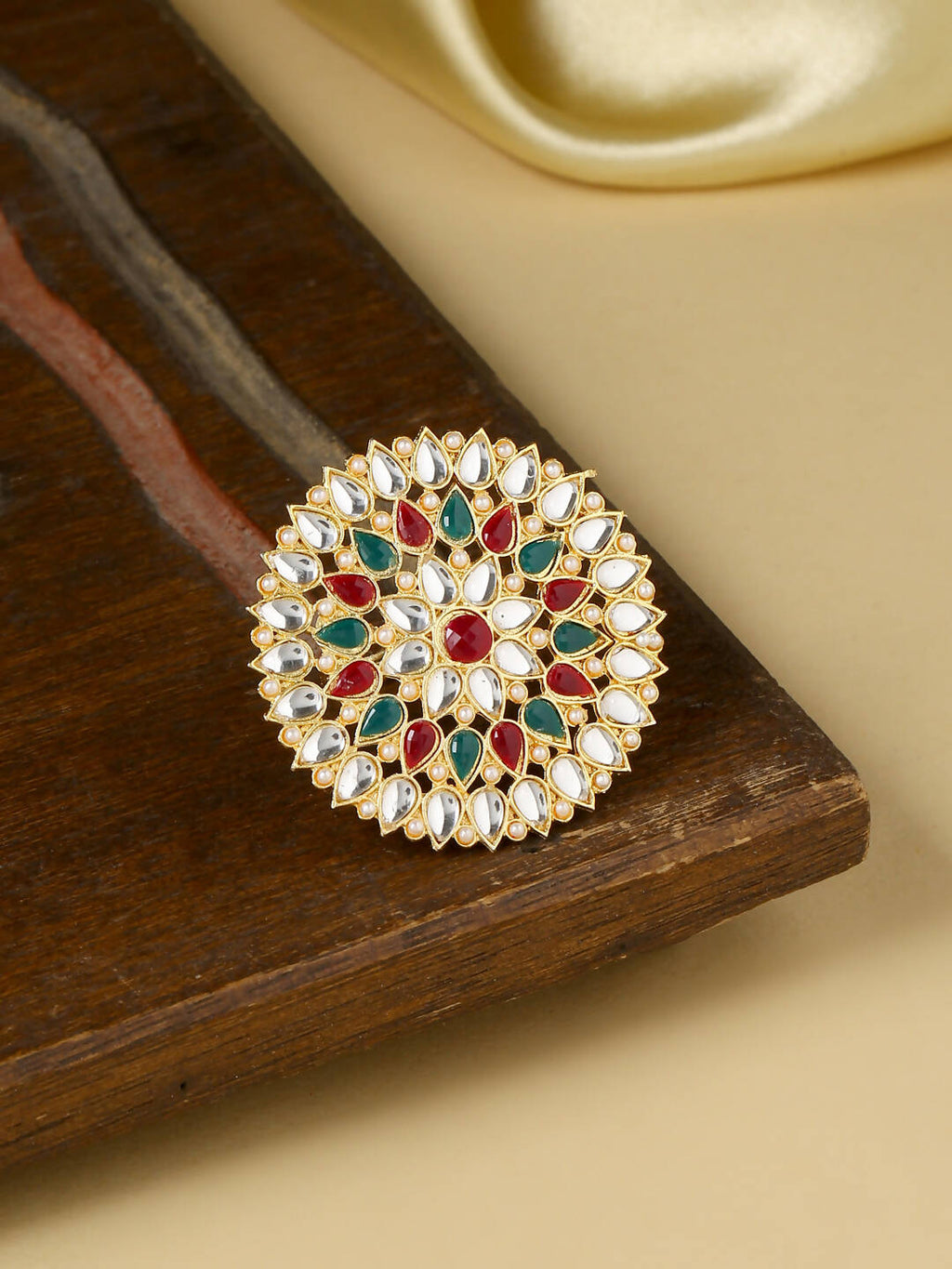 NVR Women's Traditional Ethnic Kundan Meenakari Gold-Polished Ajustable Finger Ring | Grocsy