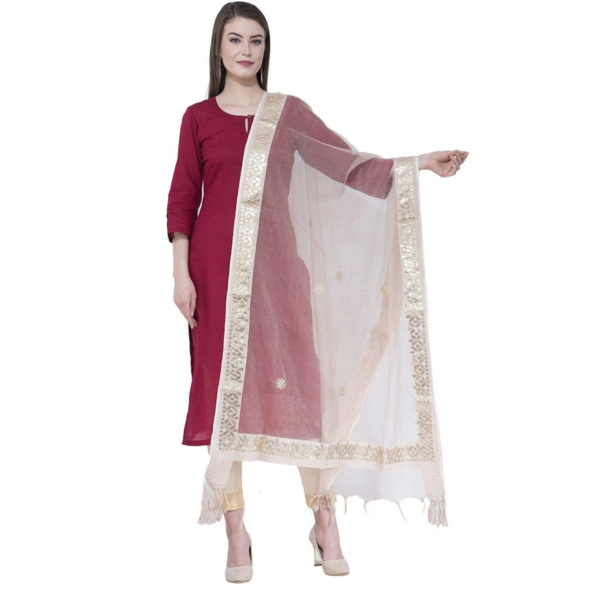 A R Silk Women's Gotta Patti Embroidery Orgenza Cotton White Dupattas and Chunnis | Grocsy