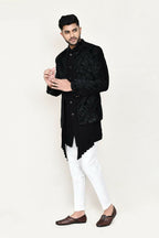 Joban Fashion Black Colored Velvet Based With Full Embroidered Fabric Open Jacket, Indo Western With Pant | Grocsy